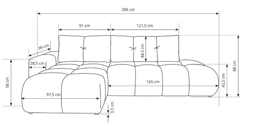 Divano letto angolare in tessuto cinigliato Vienna 286x177 cm