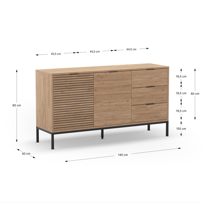 Madia 2 ante 3 cassetti rovere Ally 140x80 cm
