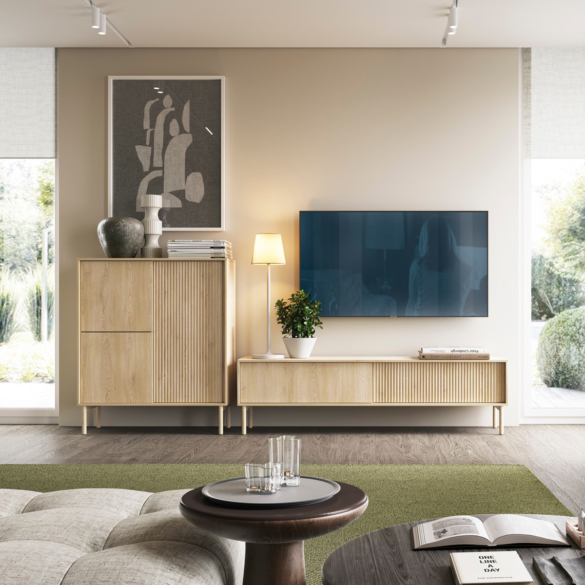 Mobile TV 2 ante con piede in legno Aries 153x51 cm