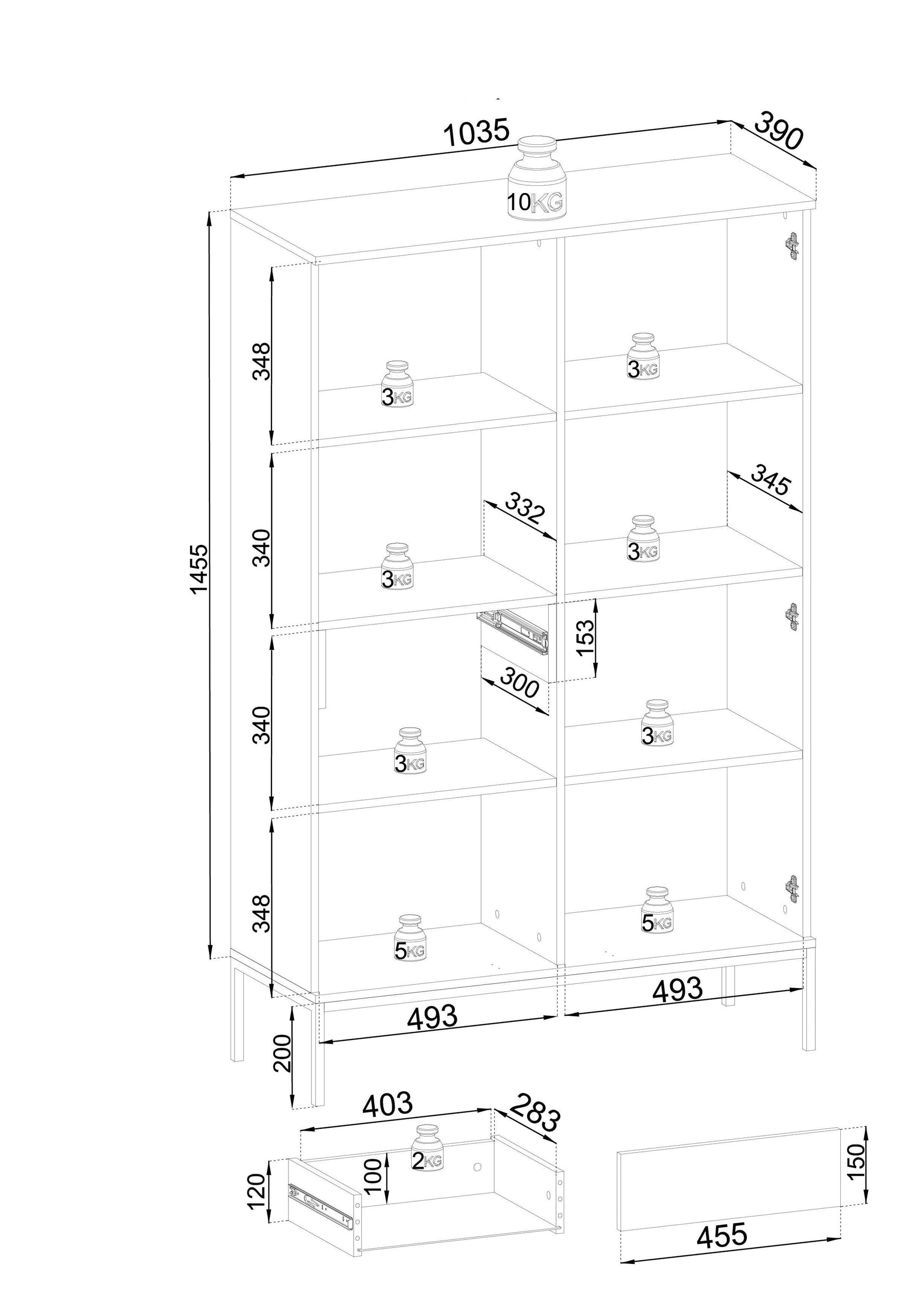Vetrina con 2 ante e LED integrato Nero e Rovere Aura 104x166 cm