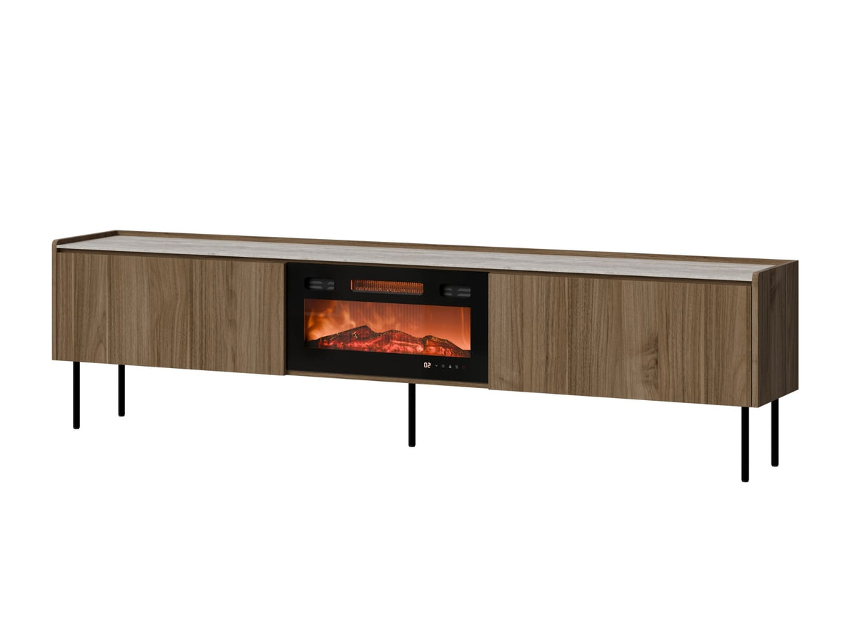 Mobile TV con camino elettrico 2 ante noce con gambe in metallo Kos 210 x 54,5 cm
