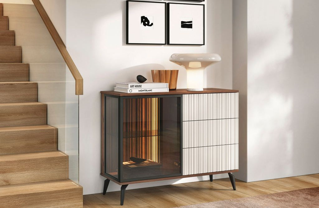 Madia 1 anta 3 cassetti con LED integrato cashmere/noce Vika 103x80 cm