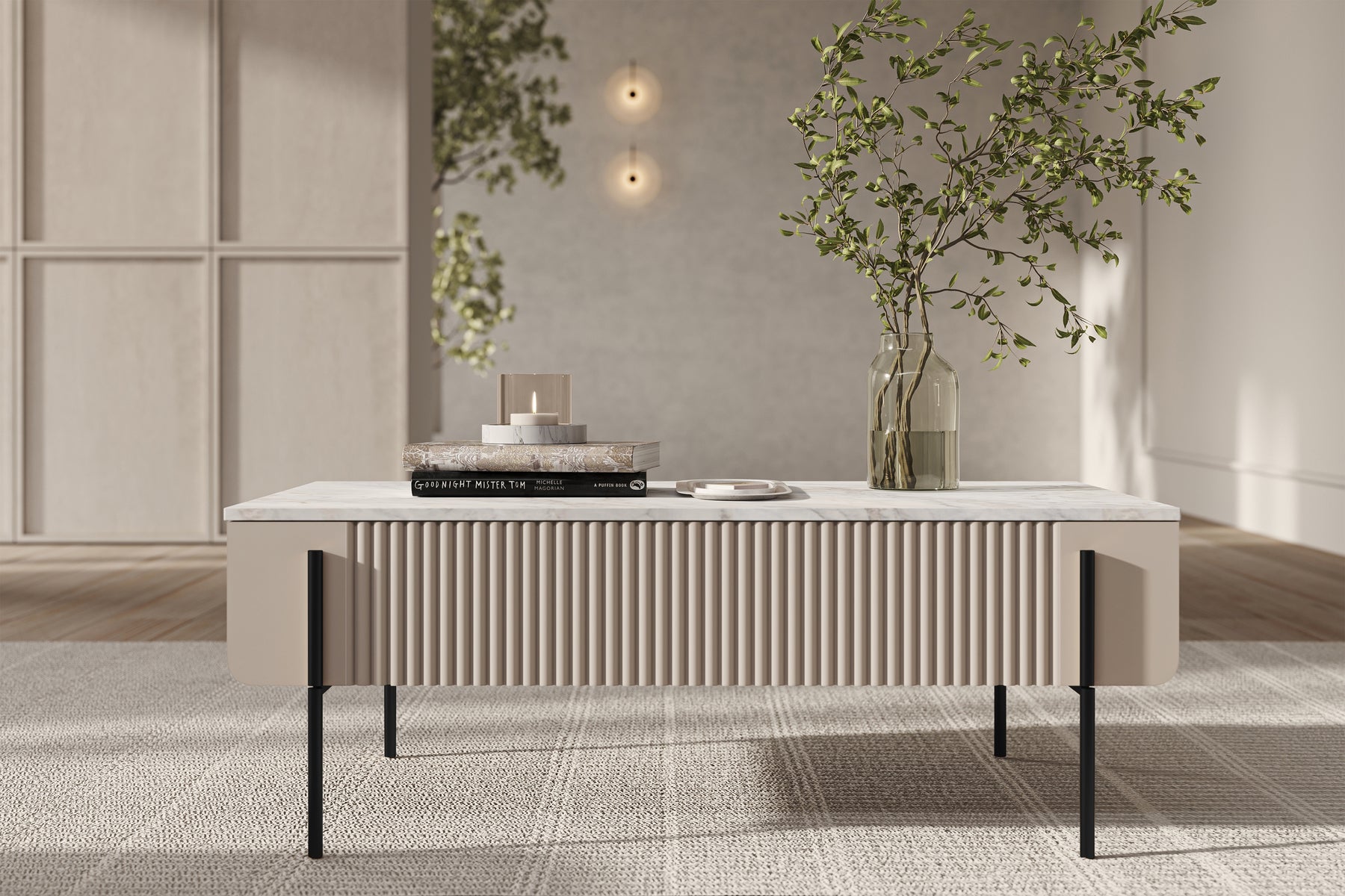 Tavolino 2 cassetti con piede in metallo cashmere Miami 100x40 cm