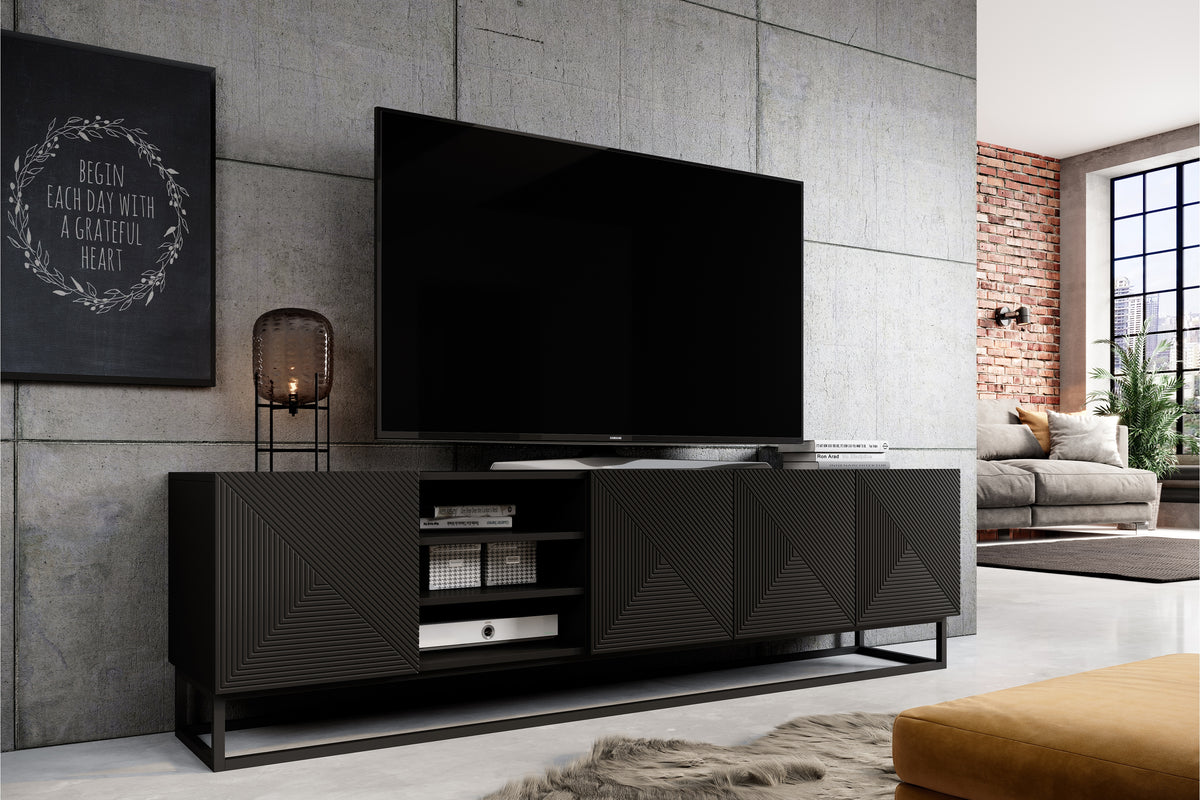 Mobile TV 4 ante in legno laminato con piede in metallo Asha 200x56 cm
