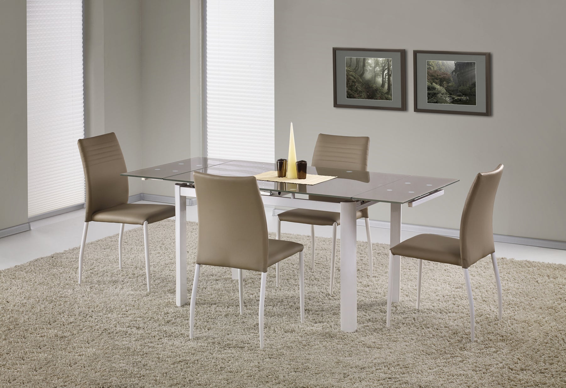 Tavolo allungabile in vetro beige con gambe in acciaio bianco Alston 120x80 cm - allungabile fino a 180 cm