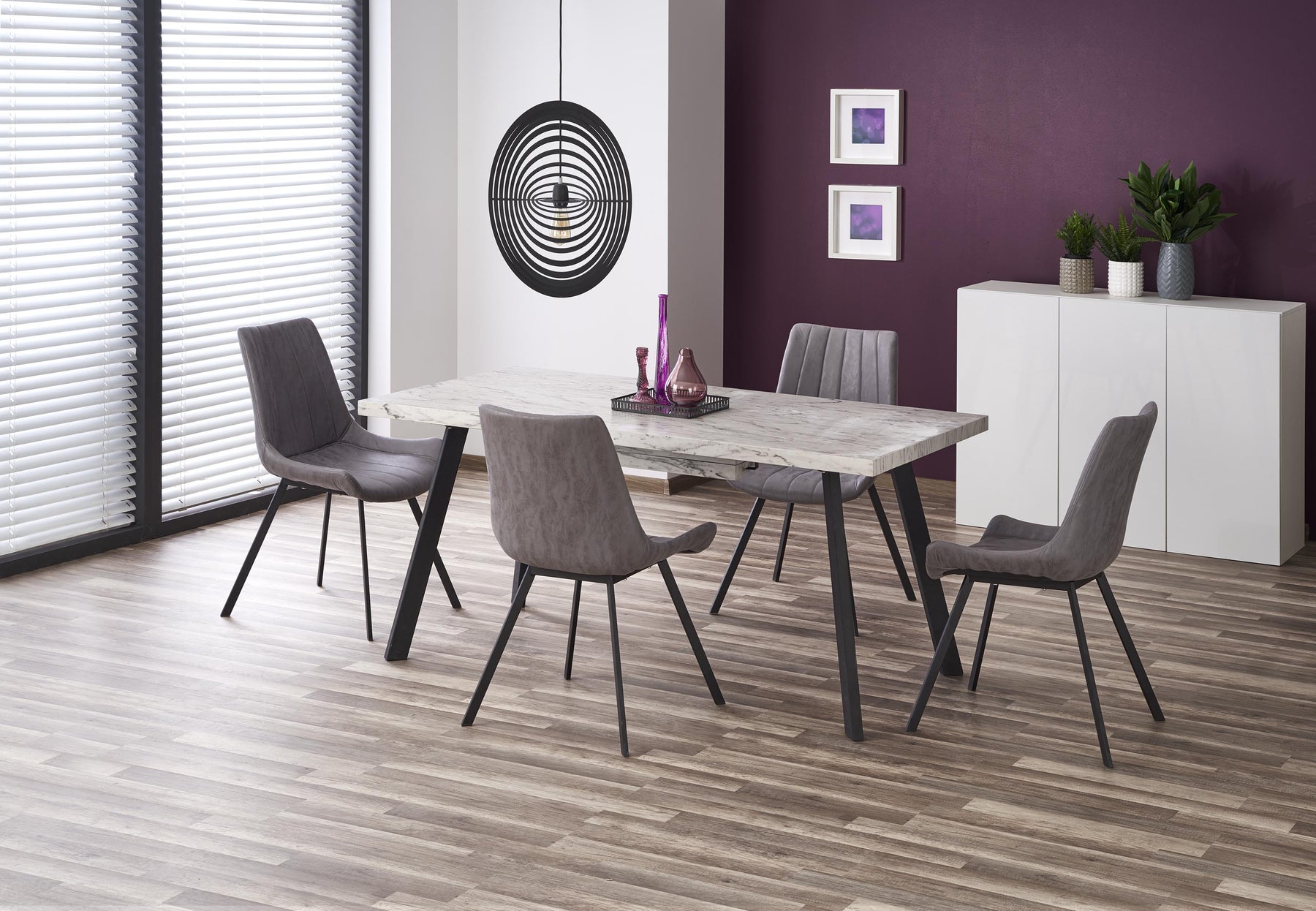 Tavolo allungabile in legno MDF laminato effetto marmo bianco e gambe in acciaio nero Dallas 160x90 cm - allungabile fino a 220 cm