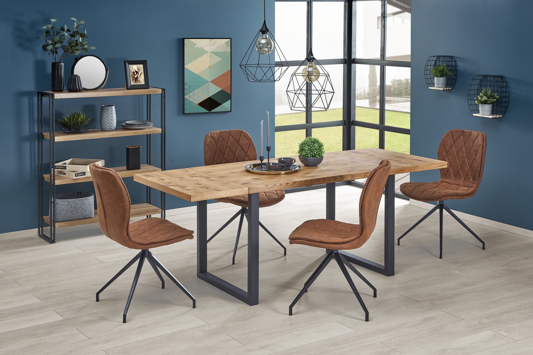 Tavolo allungabile in legno impiallacciato rovere con gambe in acciaio nero Horus 126x80 cm - allungabile a 206 cm