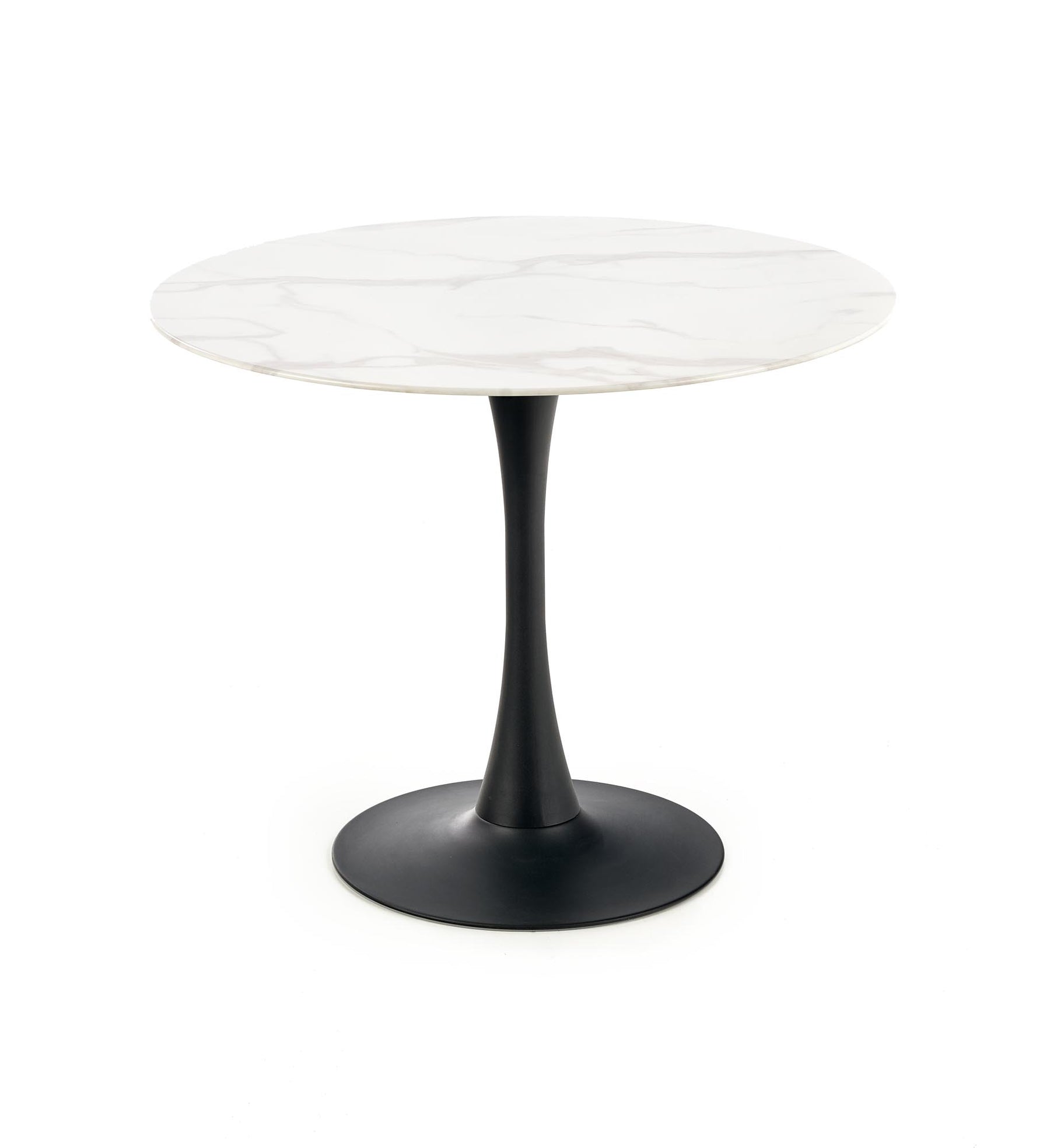 Tavolo tondo vetro effetto marmo bianco con piede in acciaio nero Ambrosio Ø 90 cm