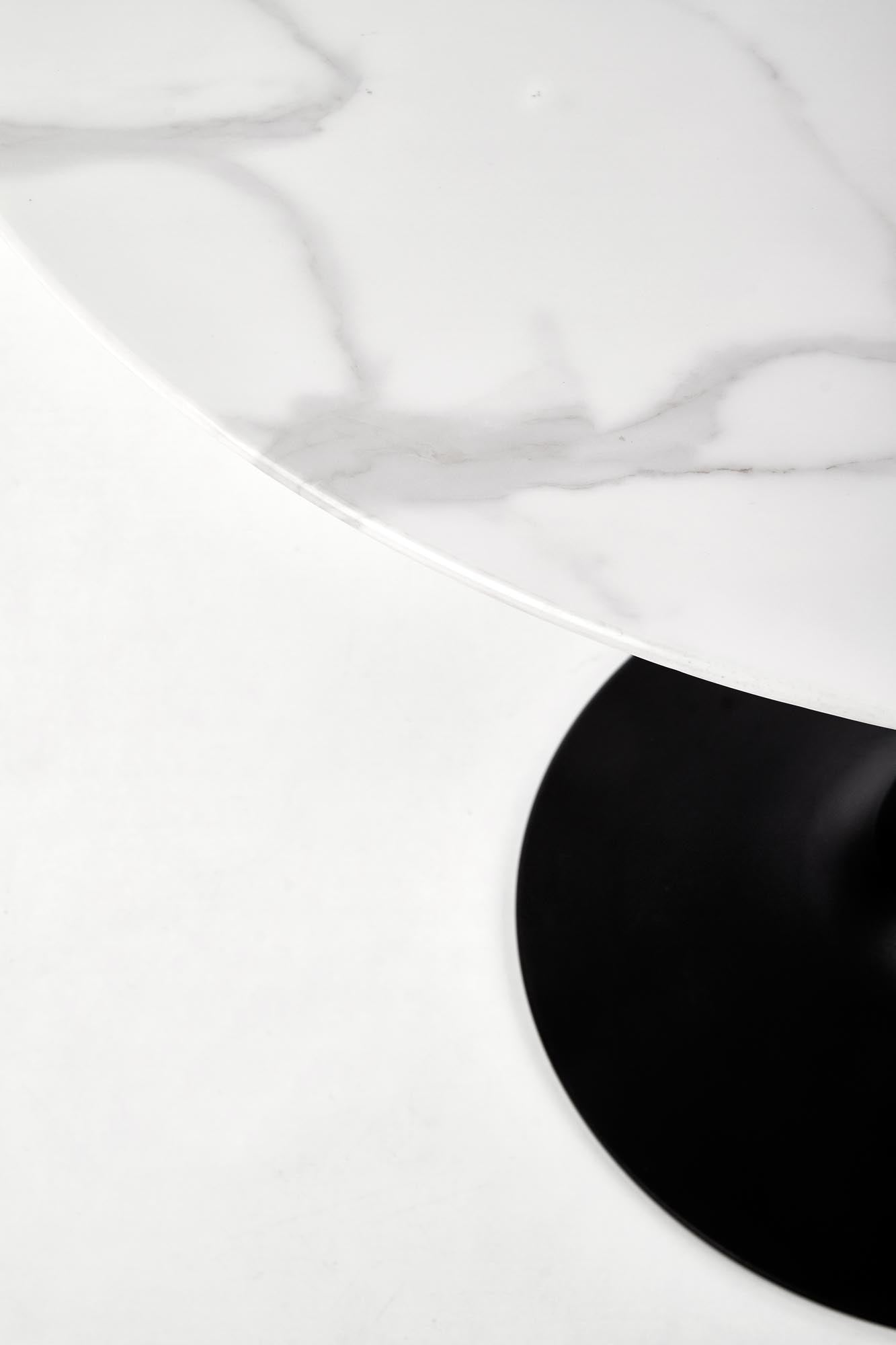 Tavolo tondo vetro effetto marmo bianco con piede in acciaio nero Ambrosio Ø 90 cm