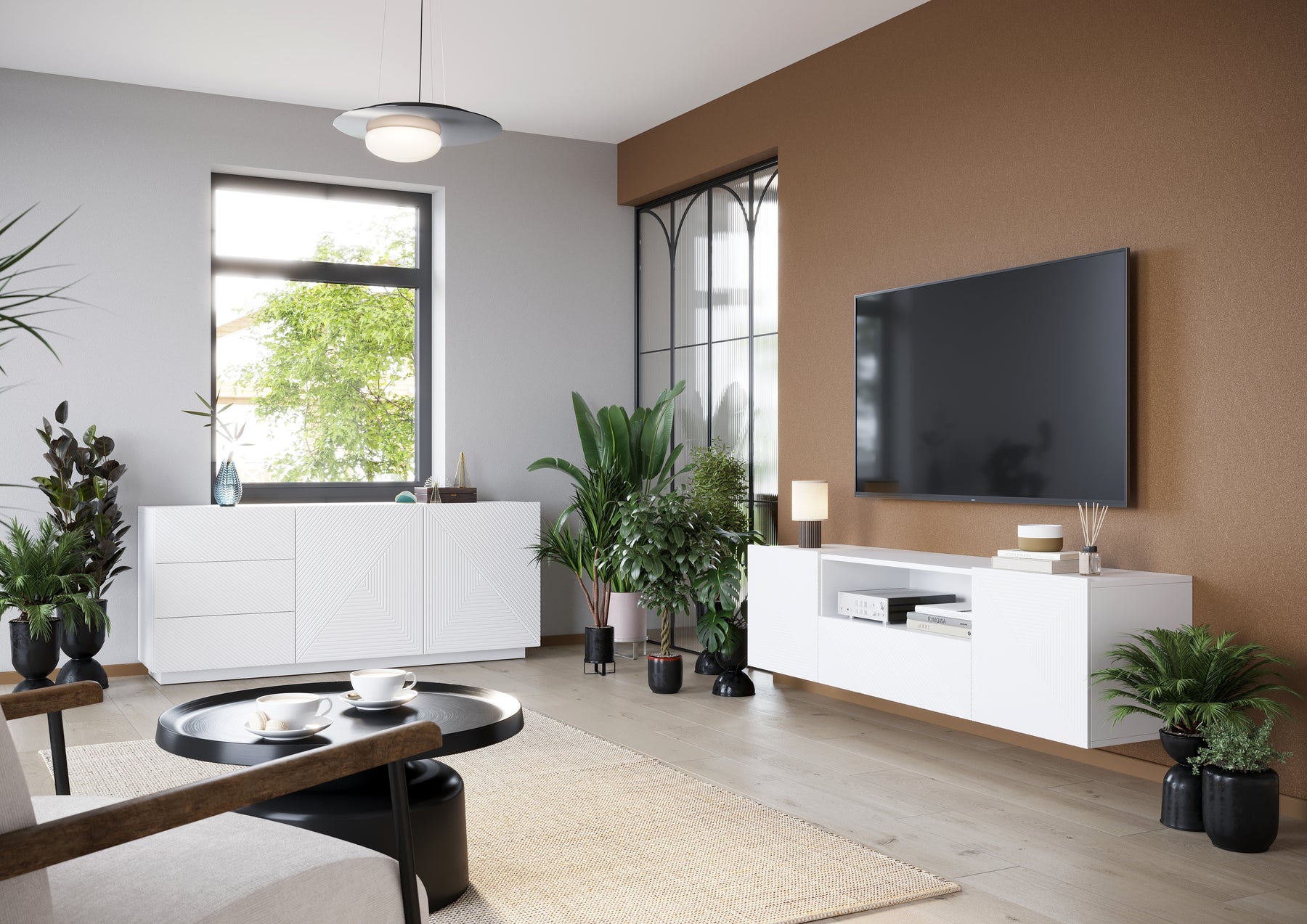 Mobile TV sospeso 2 ante 1 cassetto in legno laminato Asha 167 x 40 cm