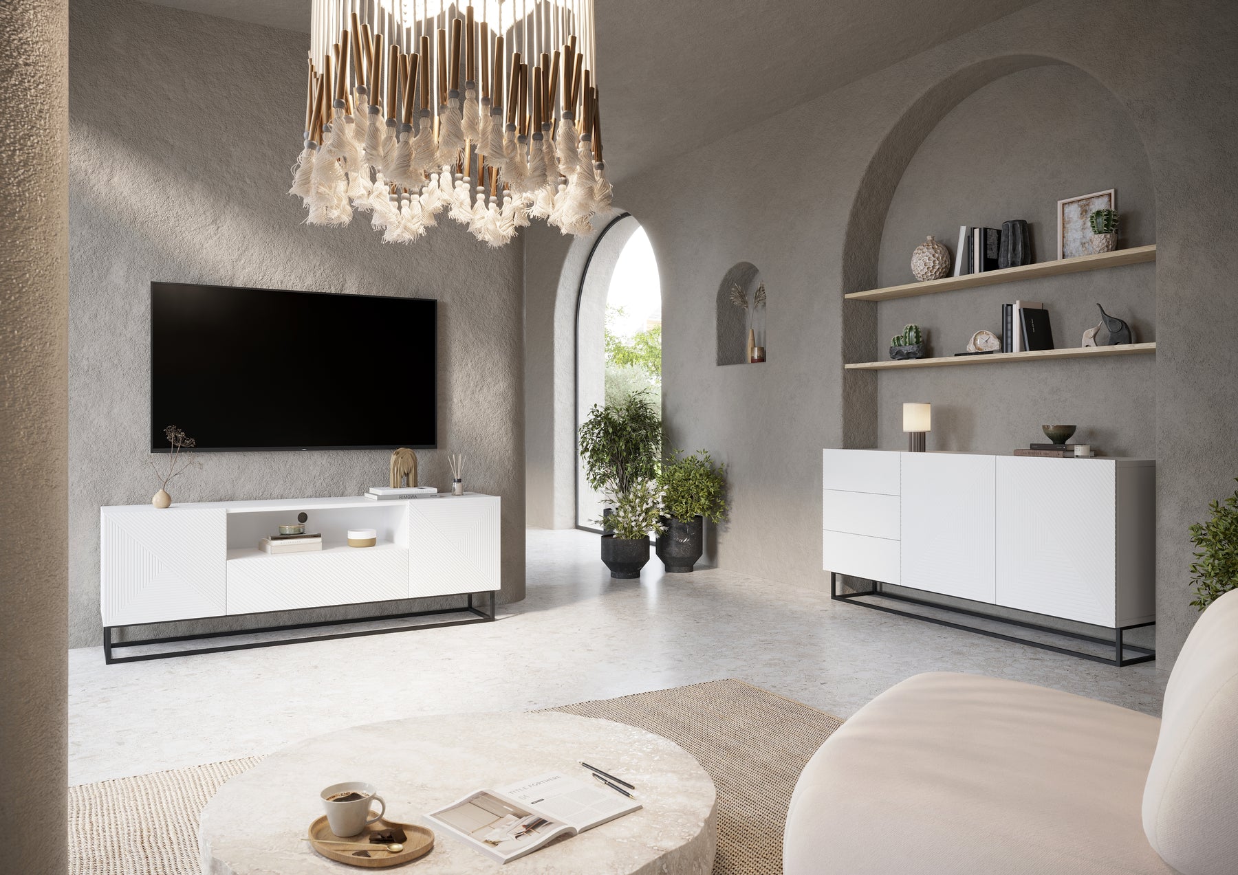 Mobile TV 2 ante 1 cassetto in legno laminato con piede in metallo Asha 167x40 cm