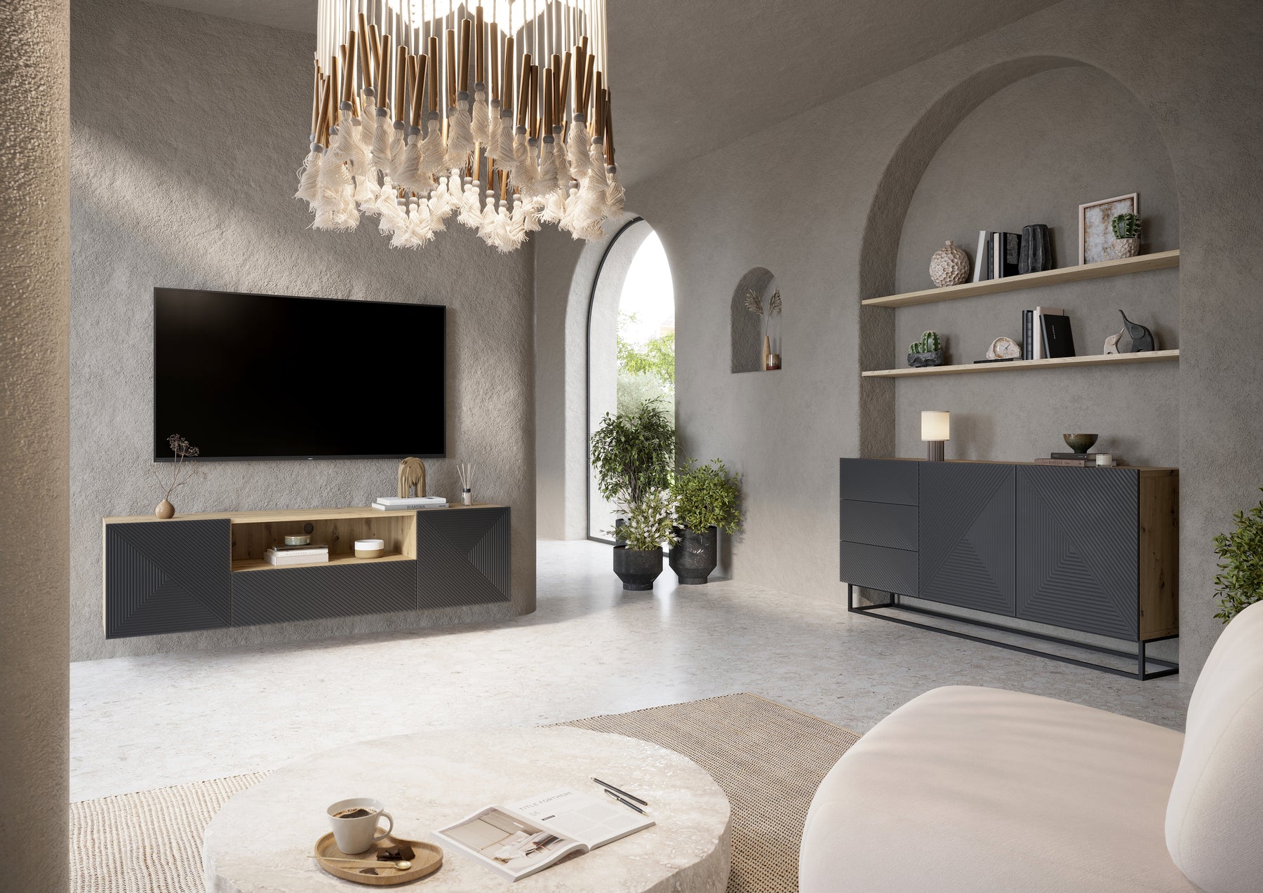 Mobile TV sospeso 2 ante 1 cassetto in legno laminato Asha 167 x 40 cm
