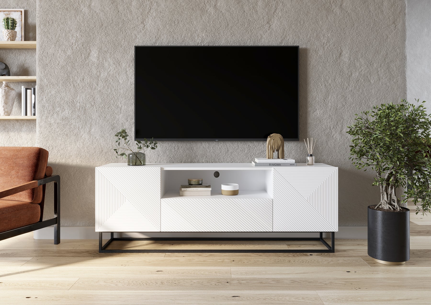 Mobile TV 2 ante 1 cassetto in legno laminato con piede in metallo Asha 167x40 cm
