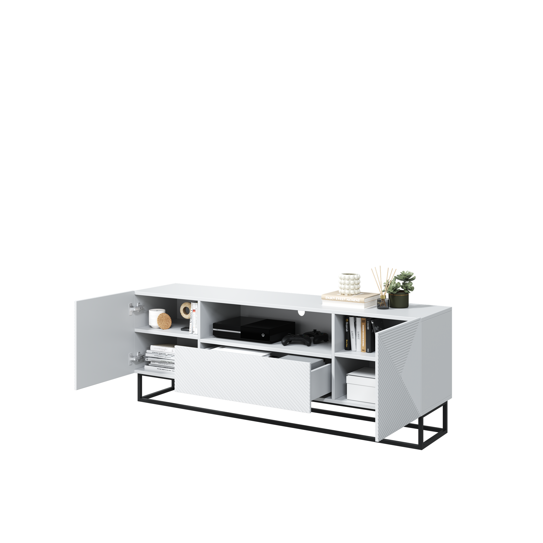 Mobile TV 2 ante 1 cassetto in legno laminato con piede in metallo Asha 167x40 cm