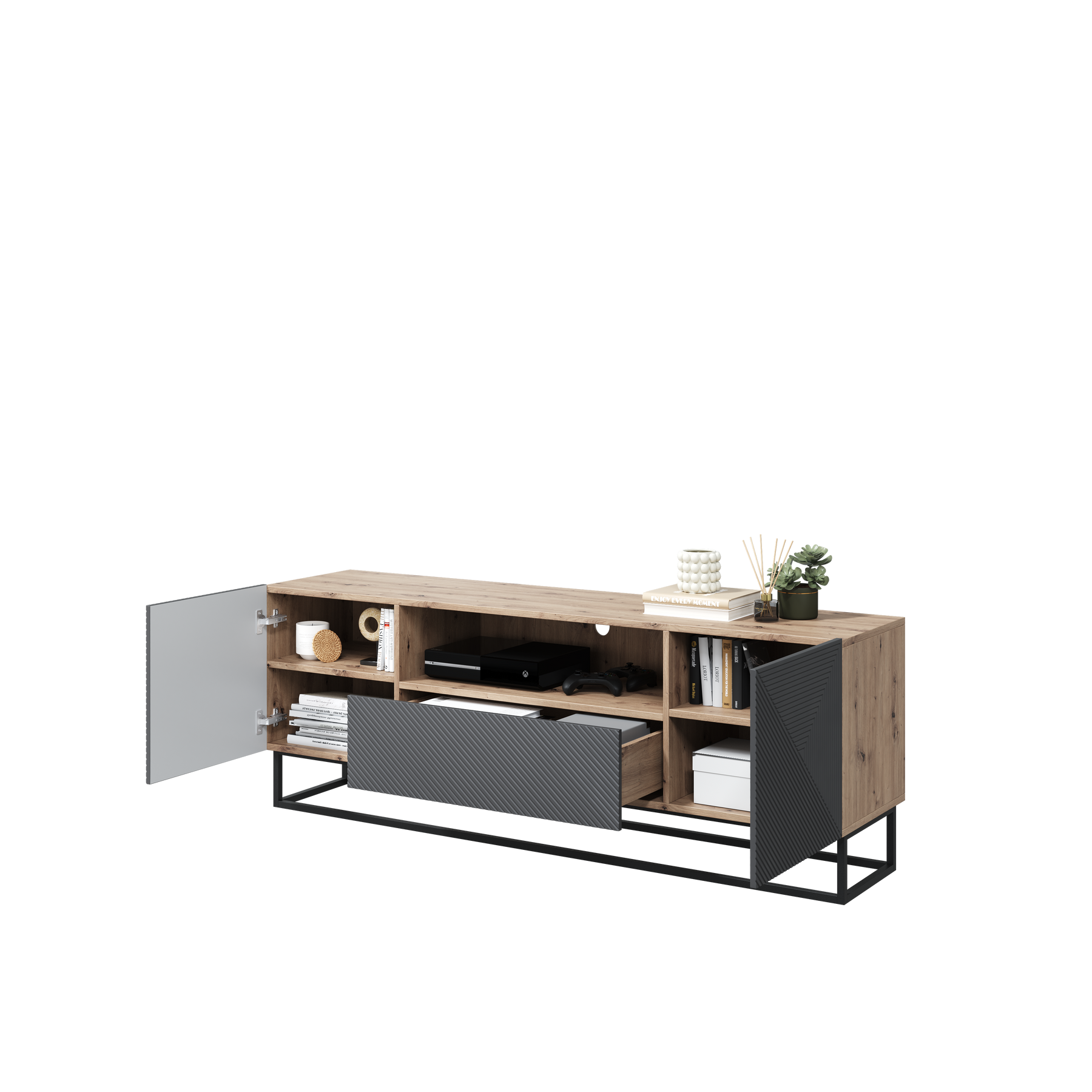 Mobile TV 2 ante 1 cassetto in legno laminato con piede in metallo Asha 167x40 cm