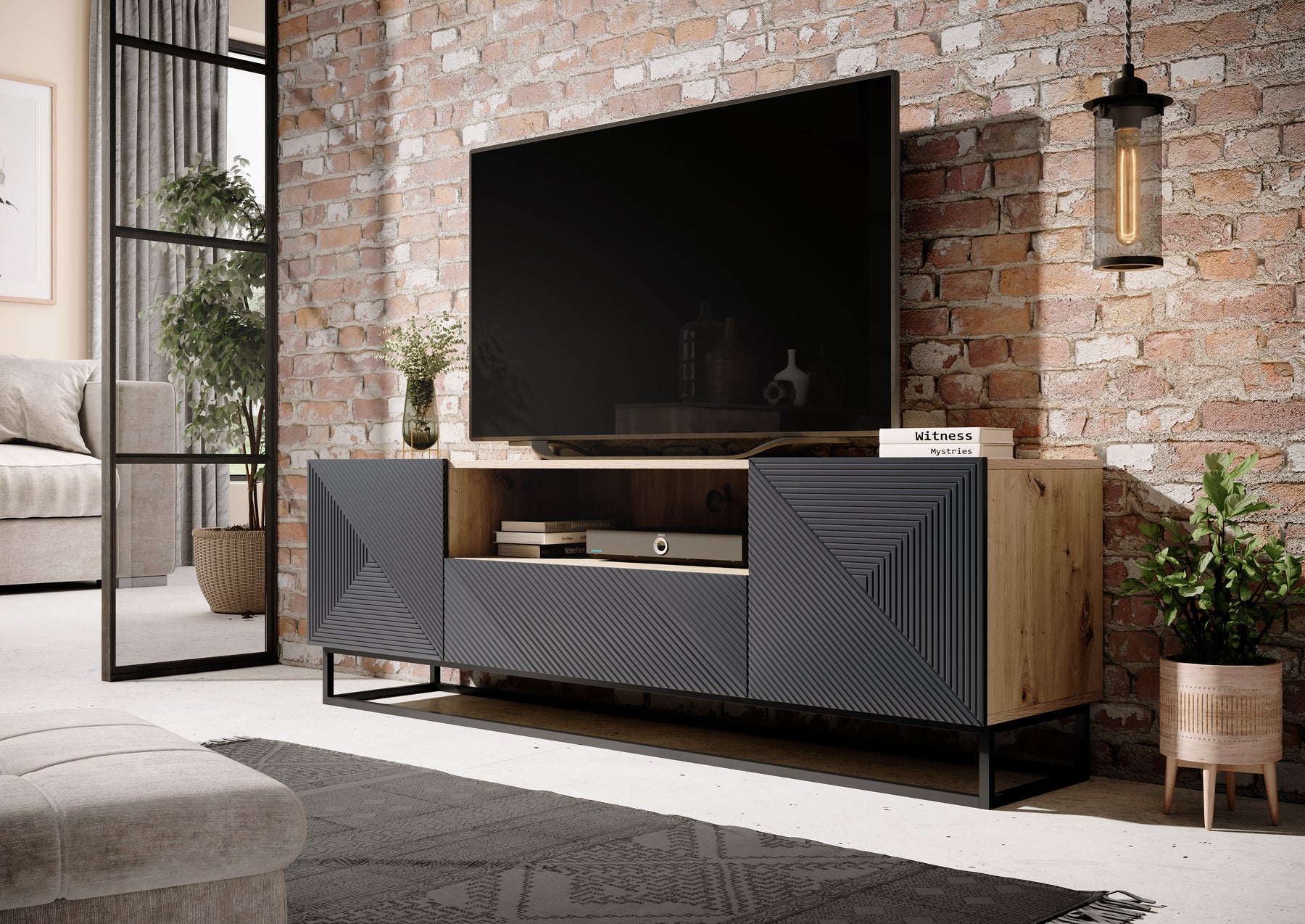 Mobile TV 2 ante 1 cassetto in legno laminato con piede in metallo Asha 167x40 cm
