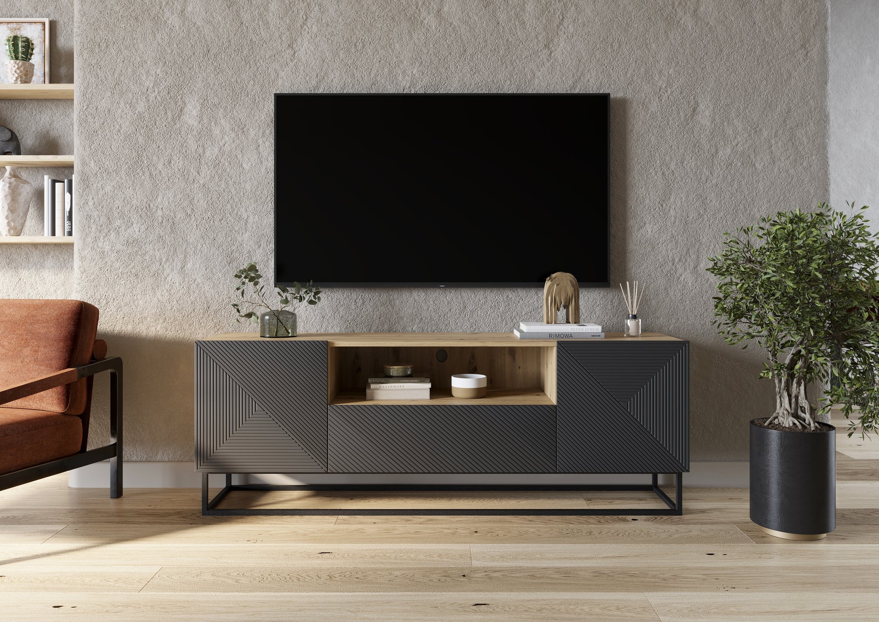 Mobile TV 2 ante 1 cassetto in legno laminato con piede in metallo Asha 167x40 cm