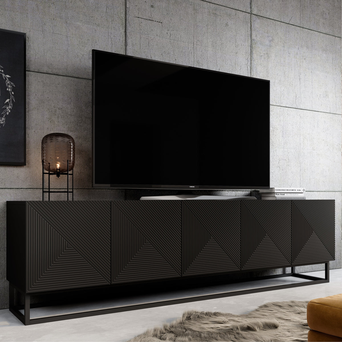 Mobile TV 5 ante in legno laminato con piede in metallo Asha 200 x 40 cm