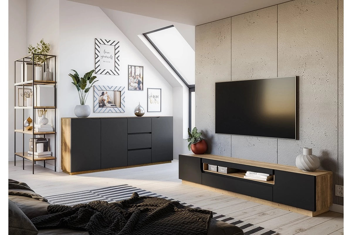 Mobile TV 2 ante 1 cassetto a ribalta in legno laminato Loftia 200x37 cm