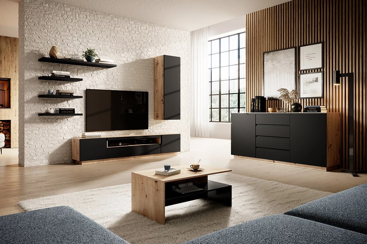Mobile TV 2 ante 1 cassetto a ribalta in legno laminato Loftia 200x37 cm