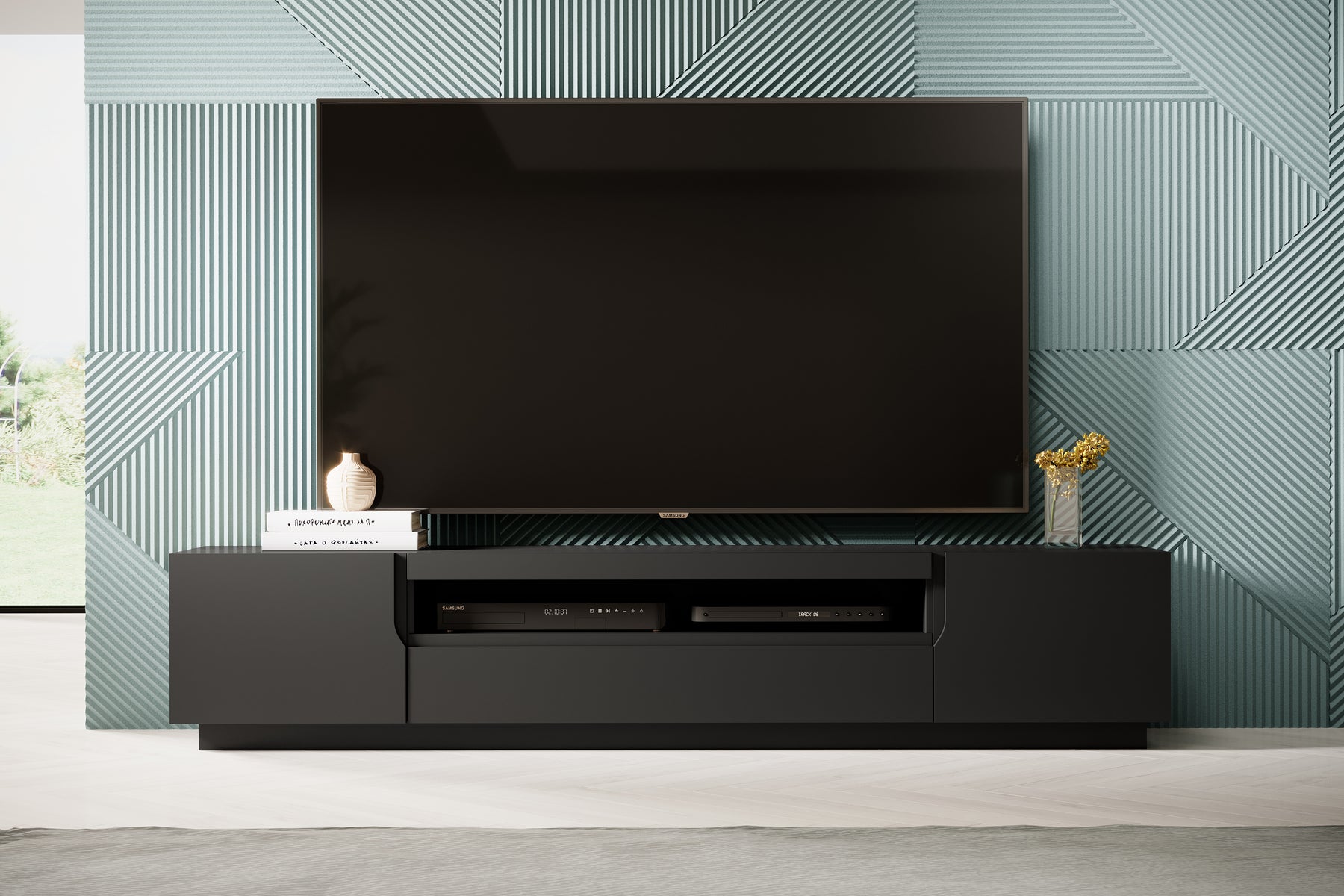 Mobile TV 2 ante 1 cassetto a ribalta in legno laminato Loftia 200x37 cm