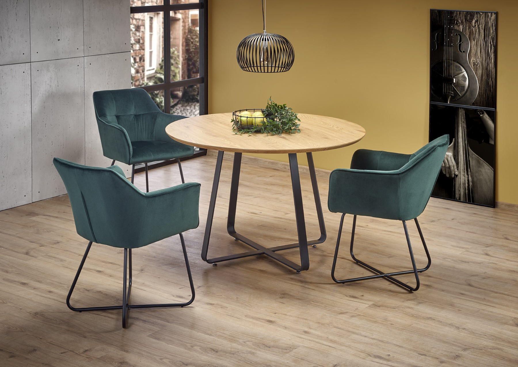 Tavolo tondo in MDF laminato rovere e piede in metallo nero Looper Ø 120 cm