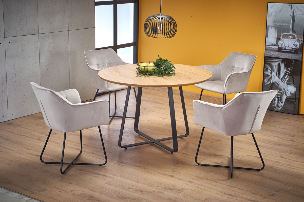 Tavolo tondo in MDF laminato rovere e piede in metallo nero Looper Ø 120 cm