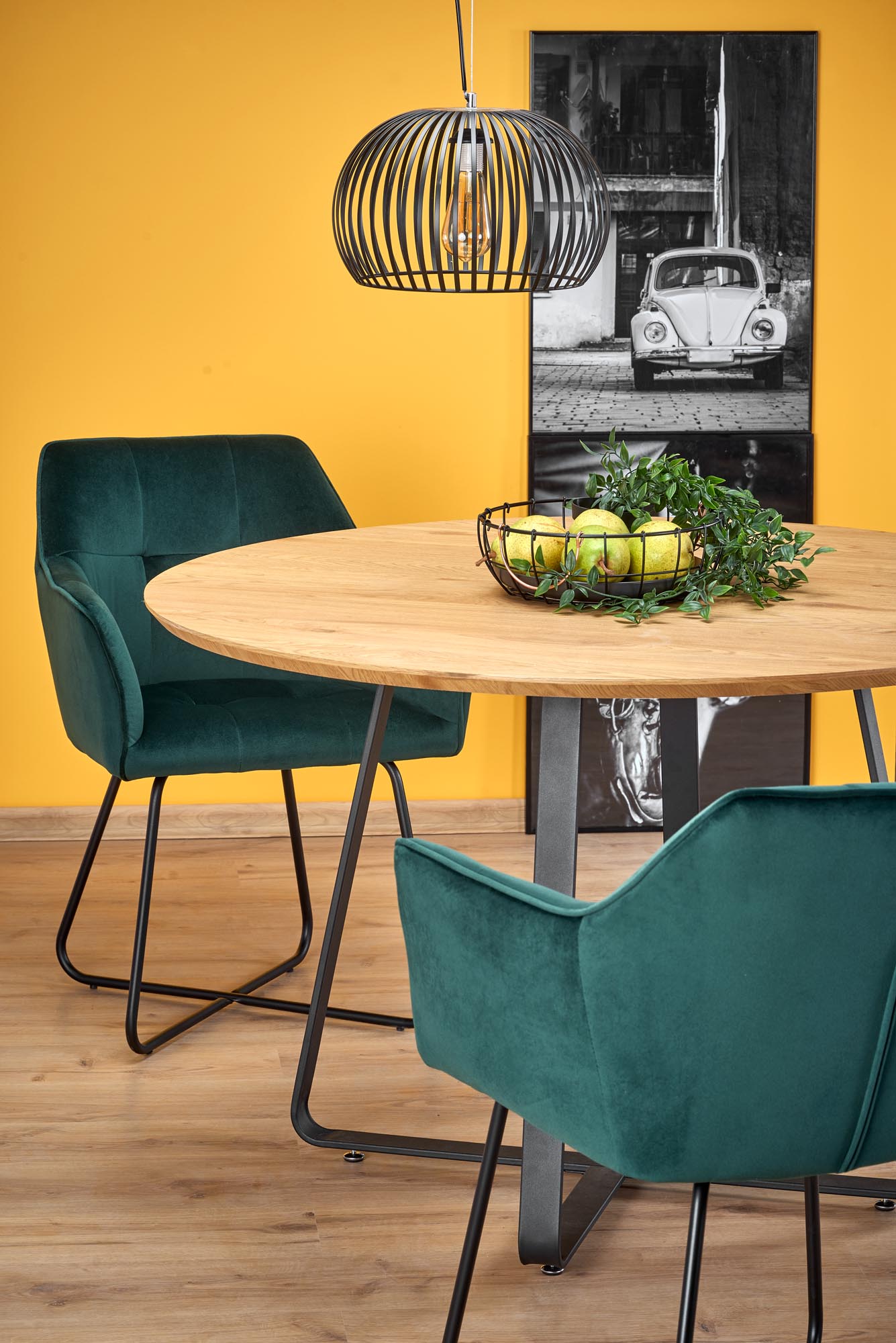 Tavolo tondo in MDF laminato rovere e piede in metallo nero Looper Ø 120 cm