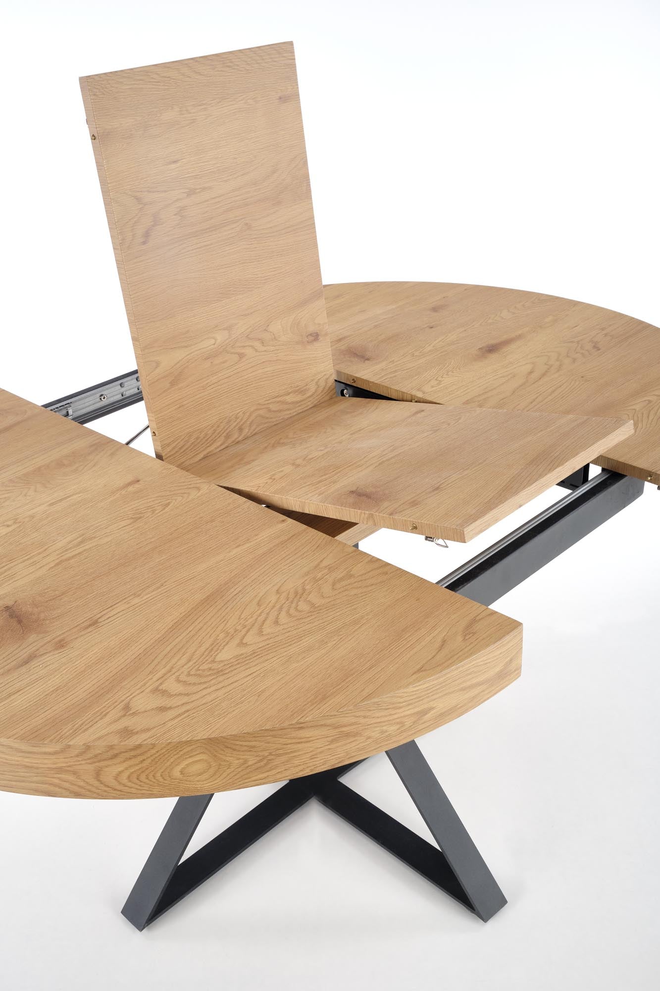 Tavolo tondo allungabile in MDF laminato rovere con gambe in acciaio nero Mercy Ø 120 cm - allungabile a 160cm