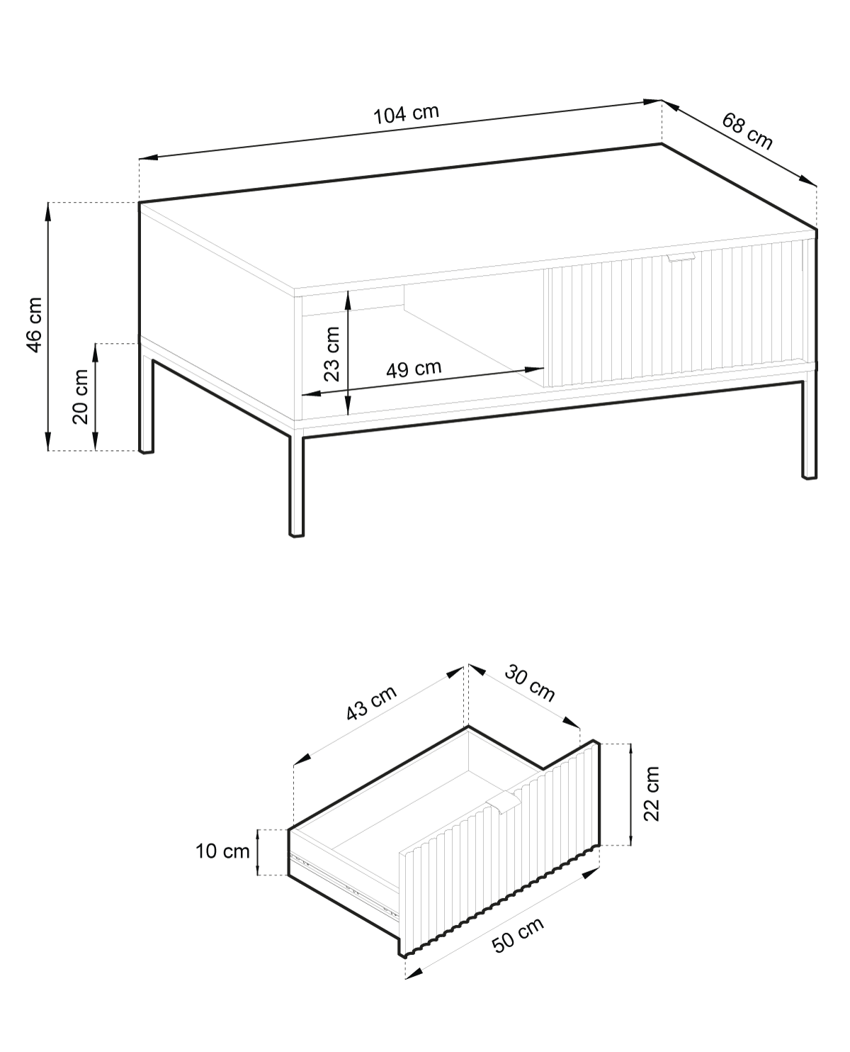 Tavolino con piedi in metallo 1 cassetto ed 1 vano in legno laminato Miseno 104x68 cm
