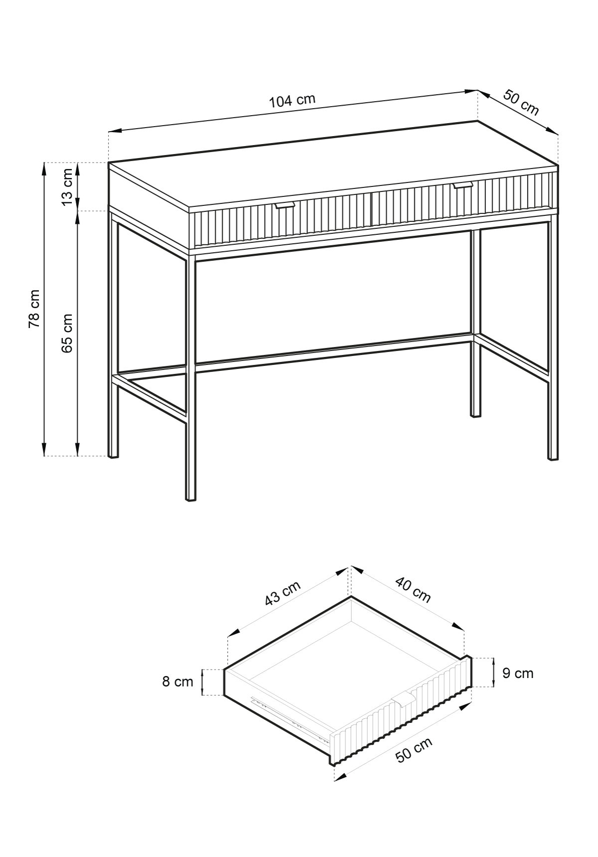 Consolle con piedi in metallo 2 cassetti in legno laminato Miseno 104x78 cm