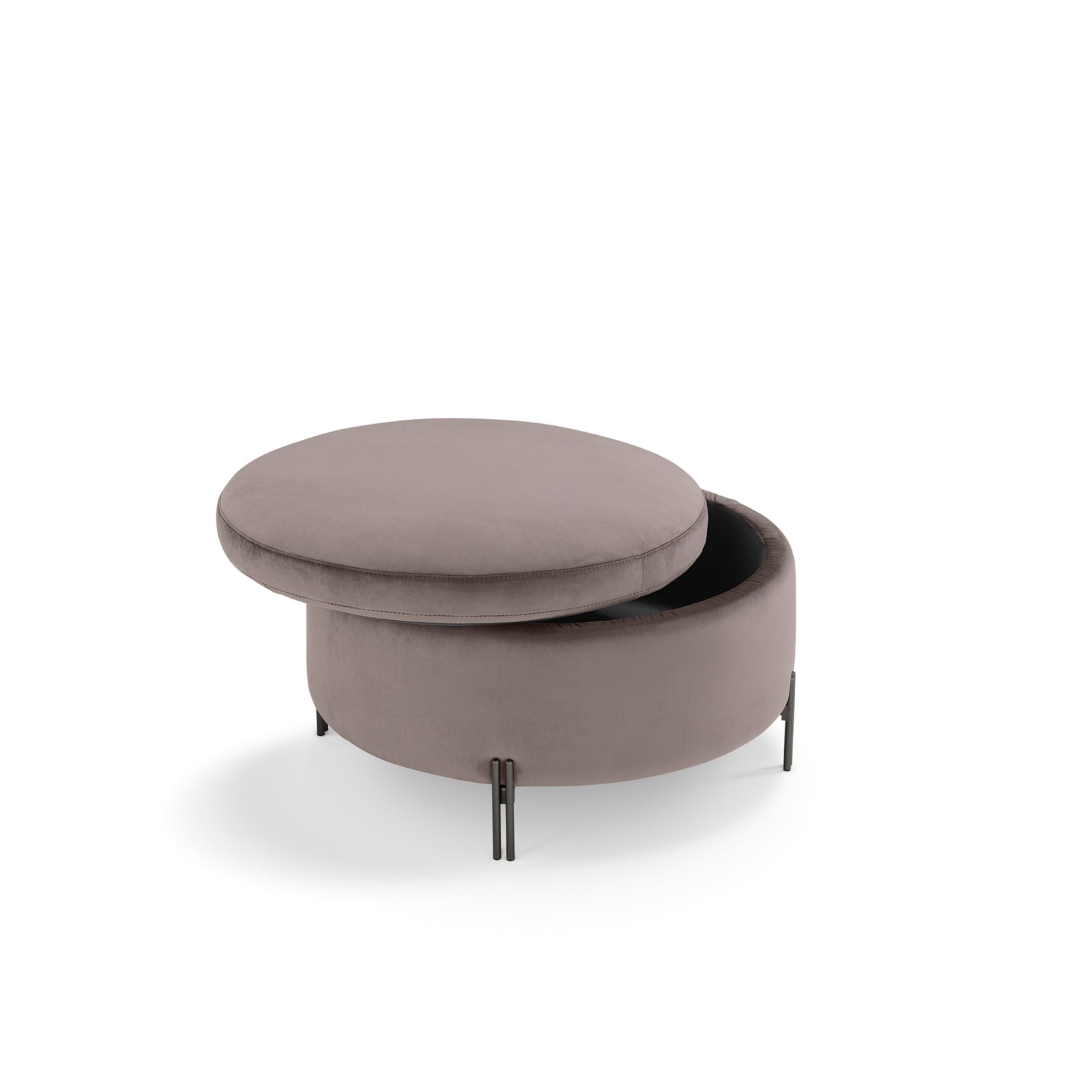 Pouf Contenitore Made in Italy Tondo in Velluto Tortora con piedi in metallo - Peglia