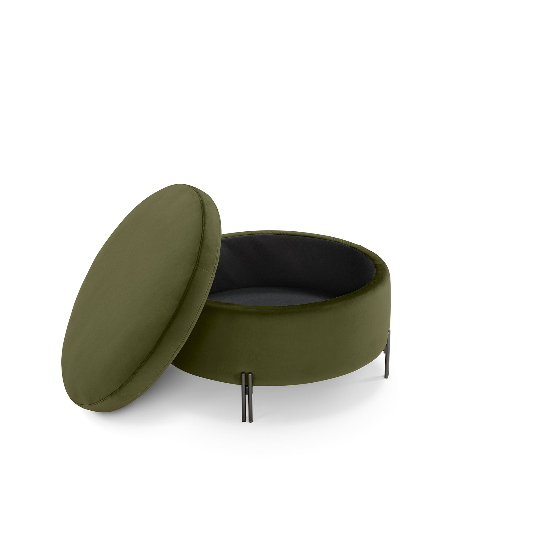 Pouf Contenitore Made in Italy Tondo in Velluto Verde con piedi in metallo - Peglia