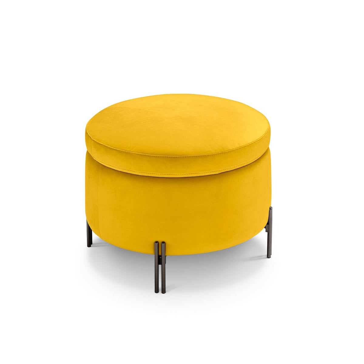 Pouf contenitore Made in Italy tondo in velluto giallo con piedi in metallo - Peglia