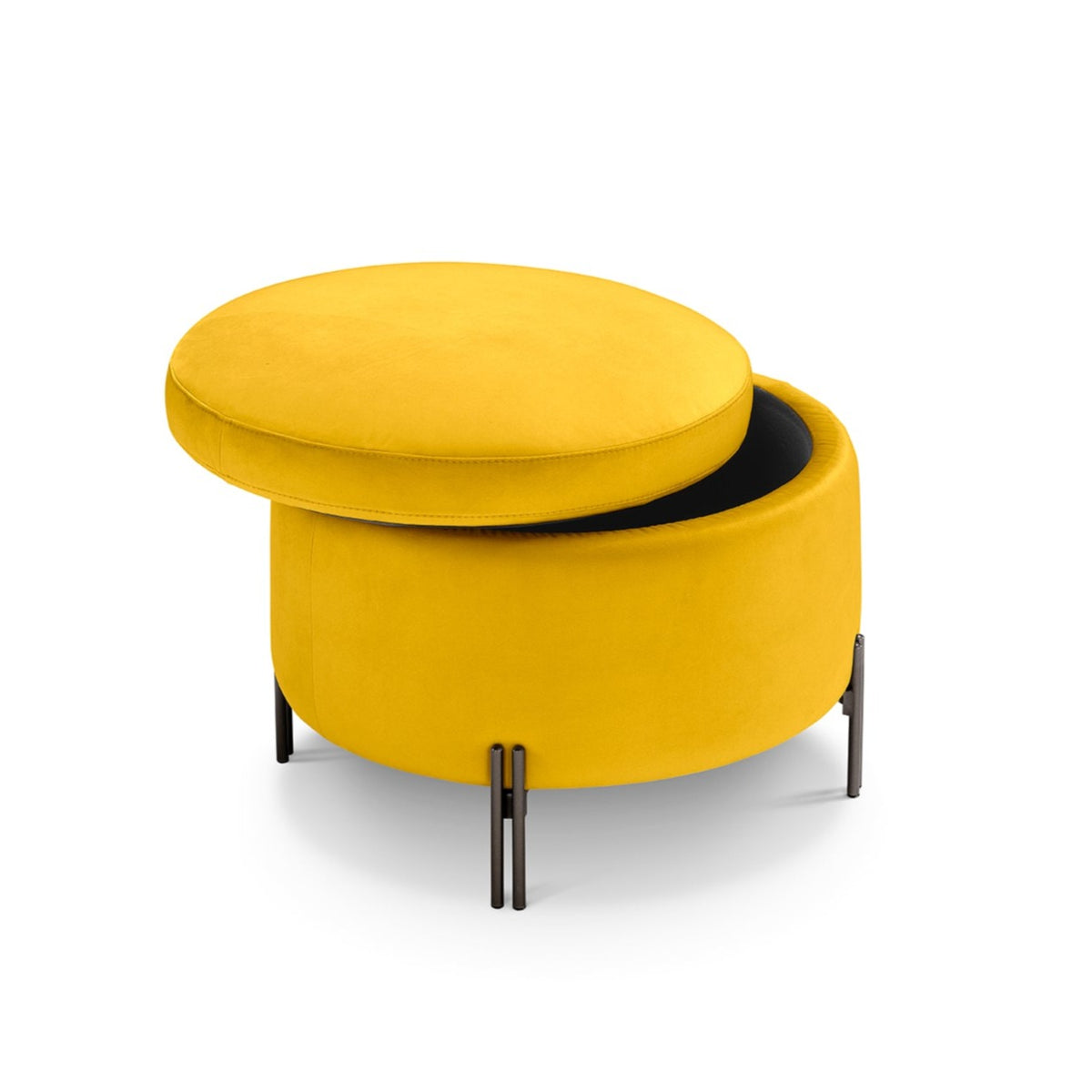 Pouf contenitore Made in Italy tondo in velluto giallo con piedi in metallo - Peglia