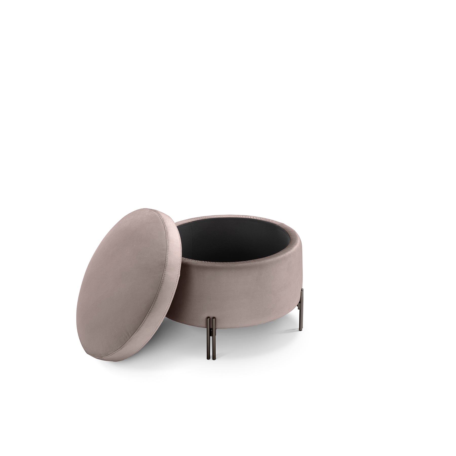 Pouf Contenitore Made in Italy Tondo in Velluto Tortora con piedi in metallo - Peglia