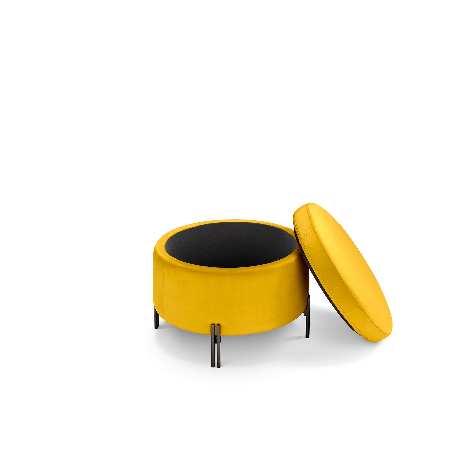 Pouf contenitore Made in Italy tondo in velluto giallo con piedi in metallo - Peglia