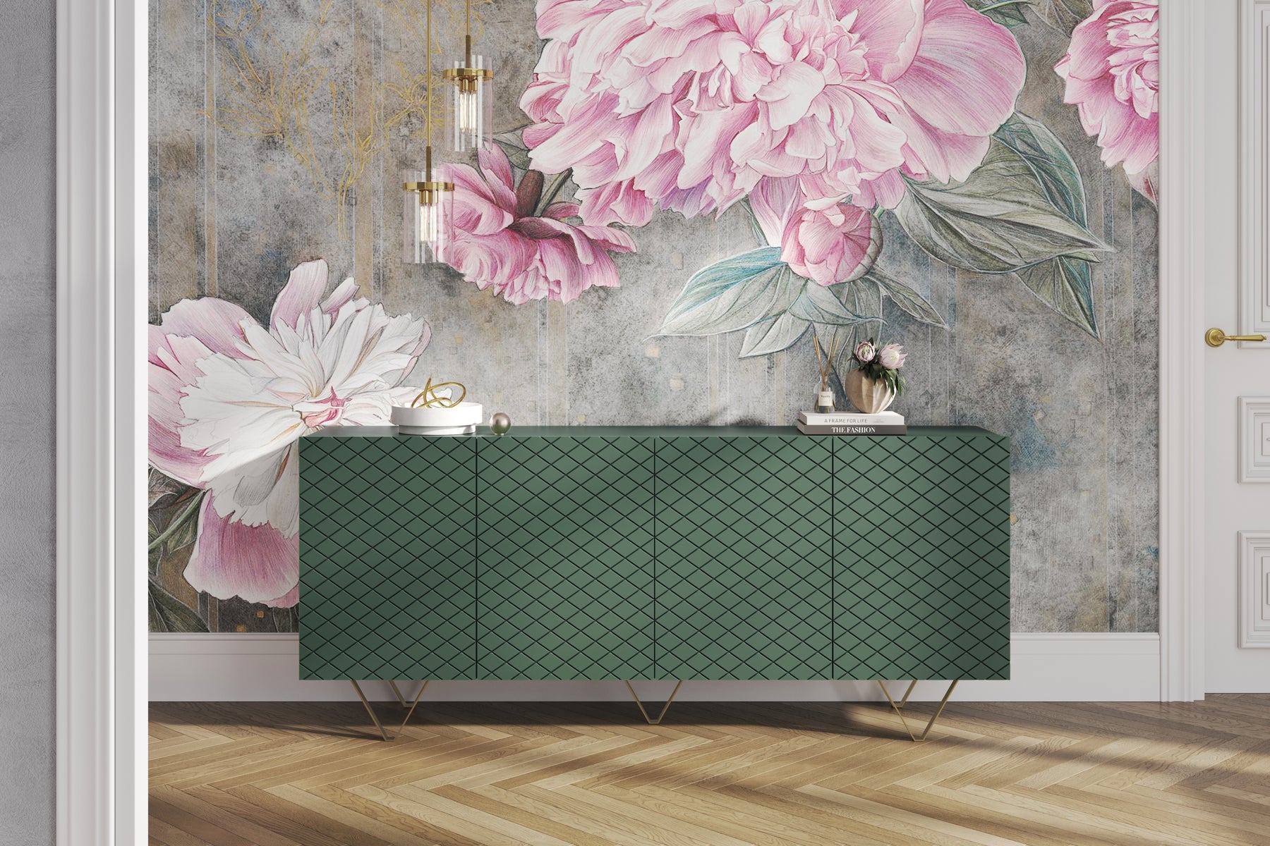 Madia 4 ante con piede in metallo oro Scalia 190x42 cm