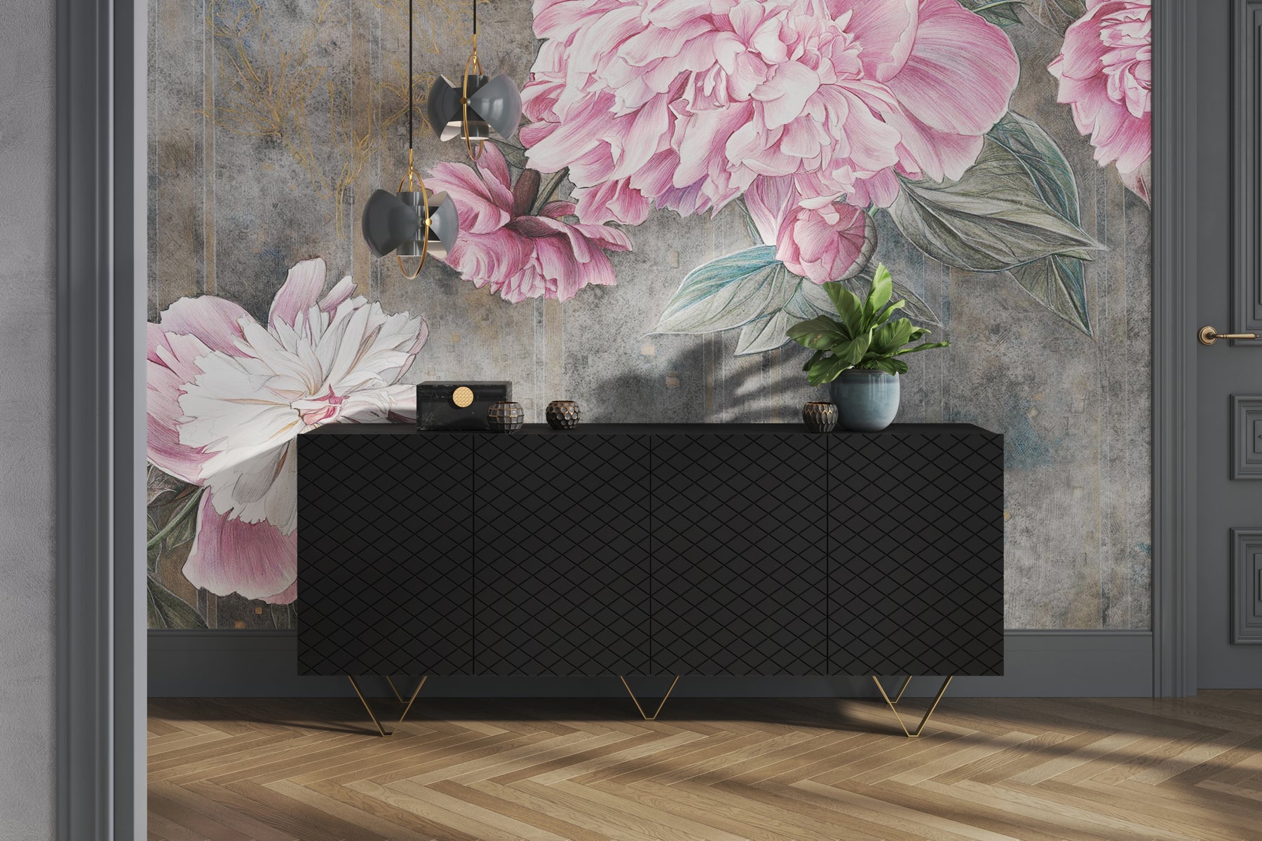 Madia 4 ante con piede in metallo oro Scalia 190x42 cm