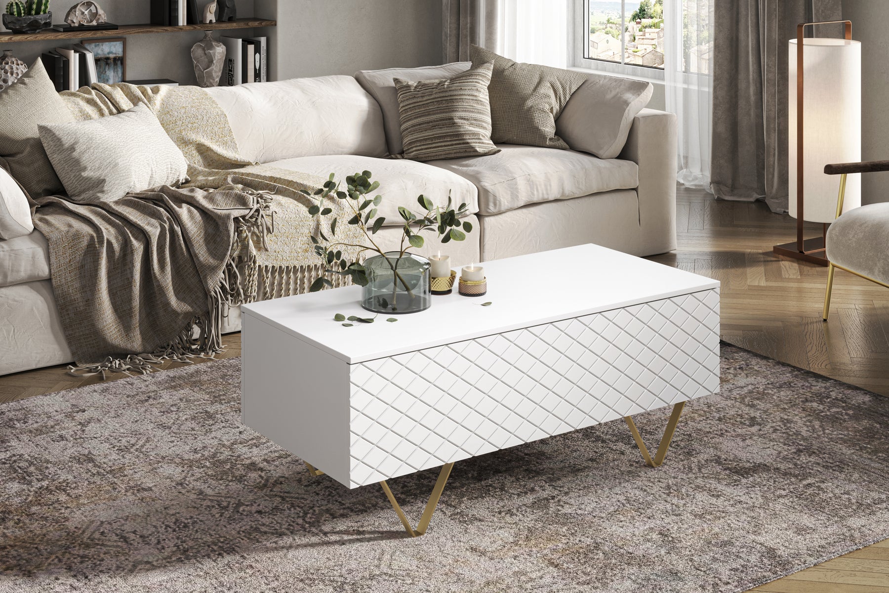 Tavolino 2 ante a ribalta con piede in metallo oro Scalia 120x55 cm
