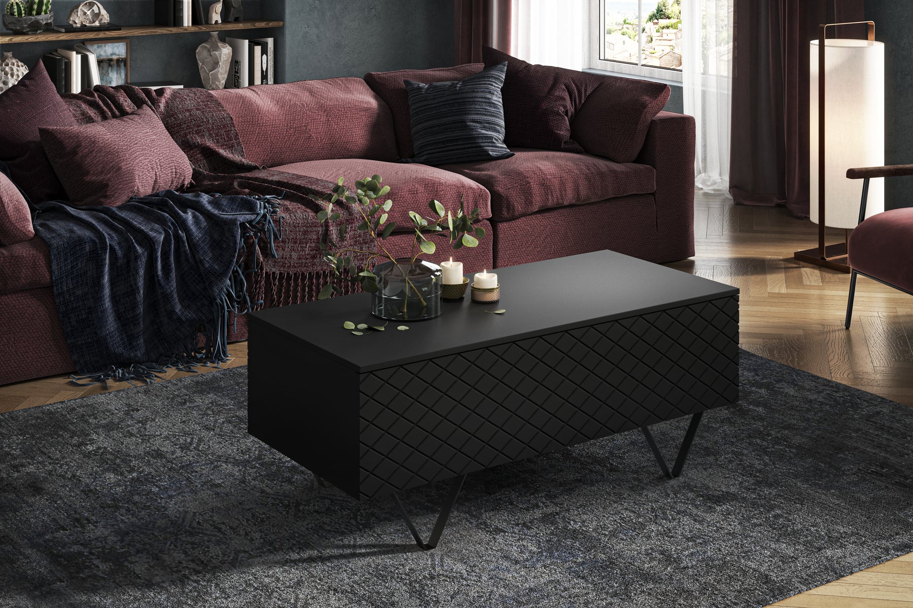 Tavolino 2 ante a ribalta con piede in metallo nero Scalia 120x55 cm