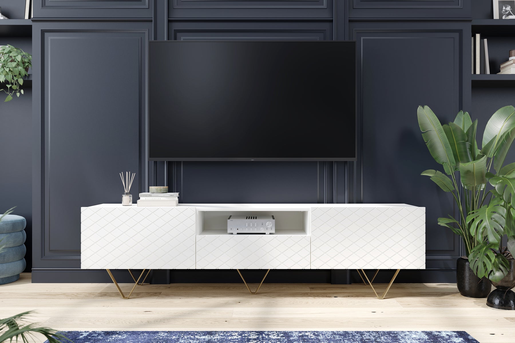 Mobile TV 2 ante a ribalta 1 cassetto con piede in metallo oro Scalia 190x42 cm