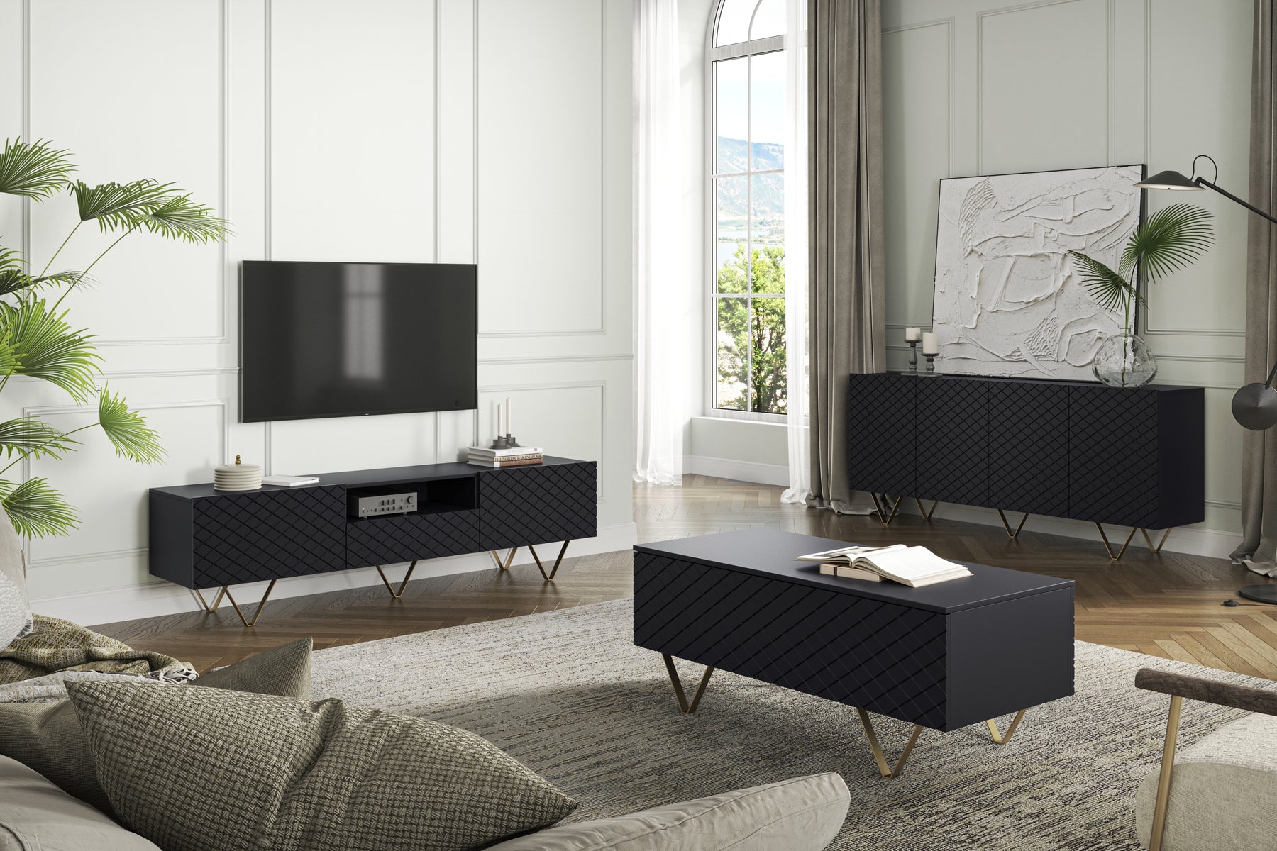 Madia 4 ante con piede in metallo oro Scalia 190x42 cm