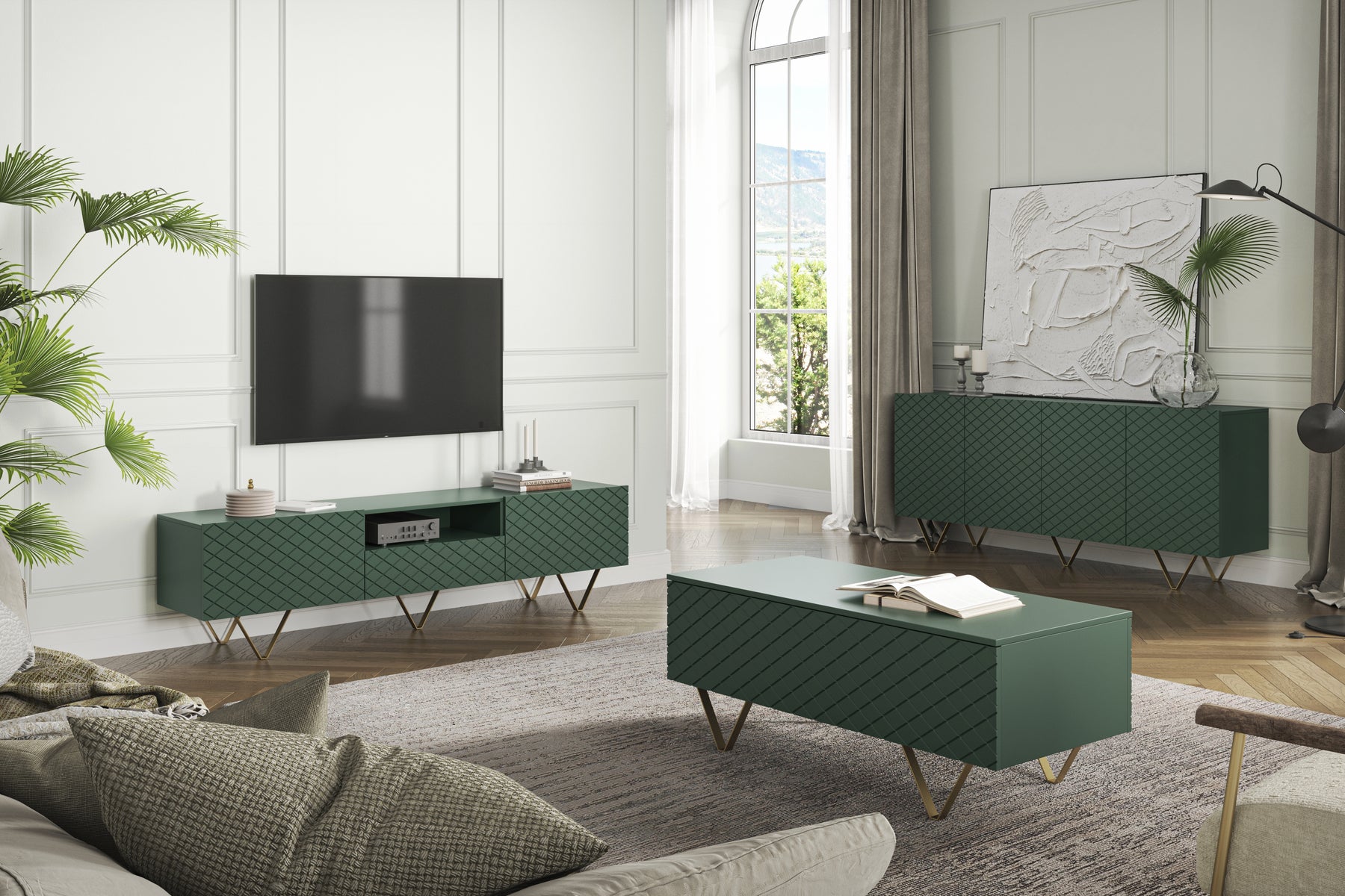 Madia 4 ante con piede in metallo oro Scalia 190x42 cm