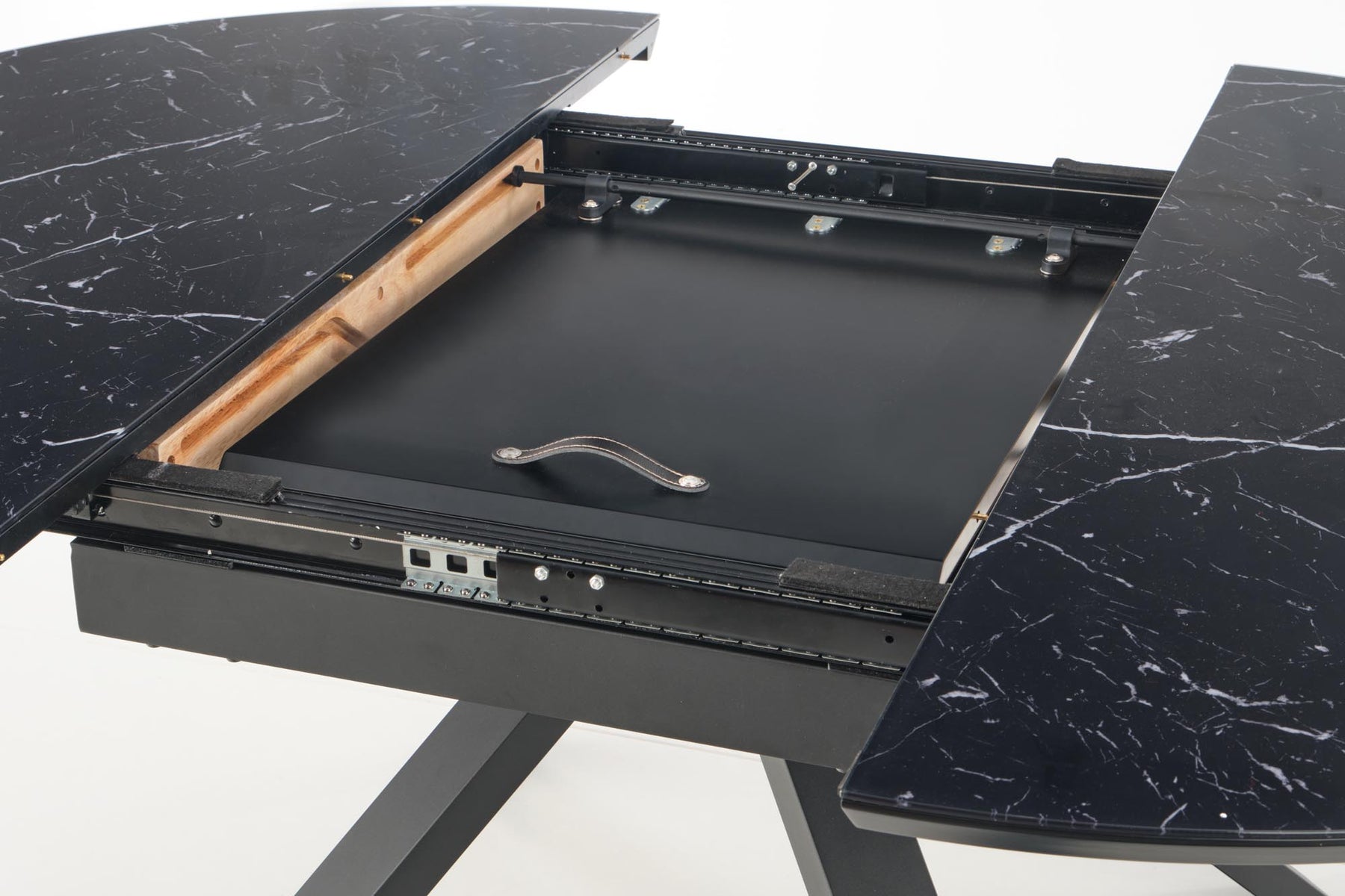 Tavolo tondo allungabile in vetro effetto marmo nero e piede in metallo nero Vertigo Ø 130 cm - allungabile a 180 cm