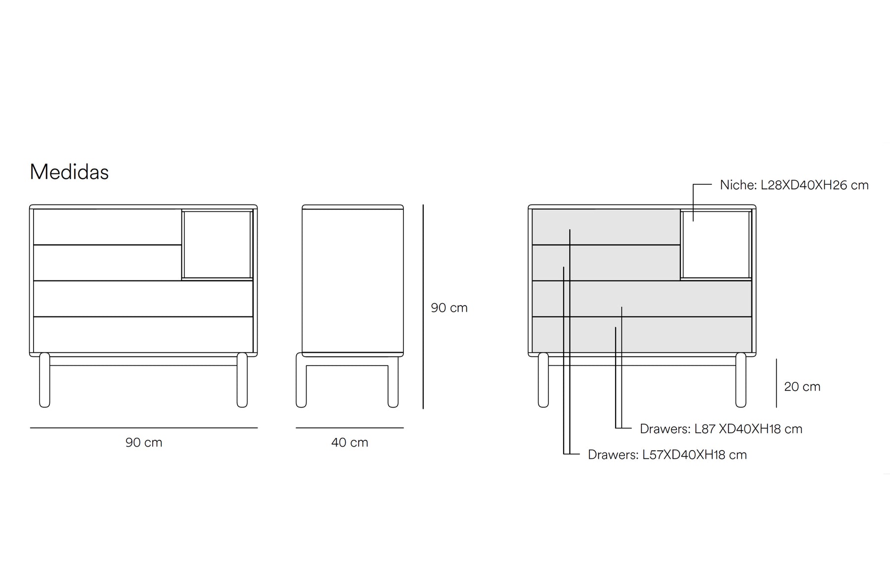 Cassettiera grigio perla 4 cassetti Corvo di Teulat 90x40 cm