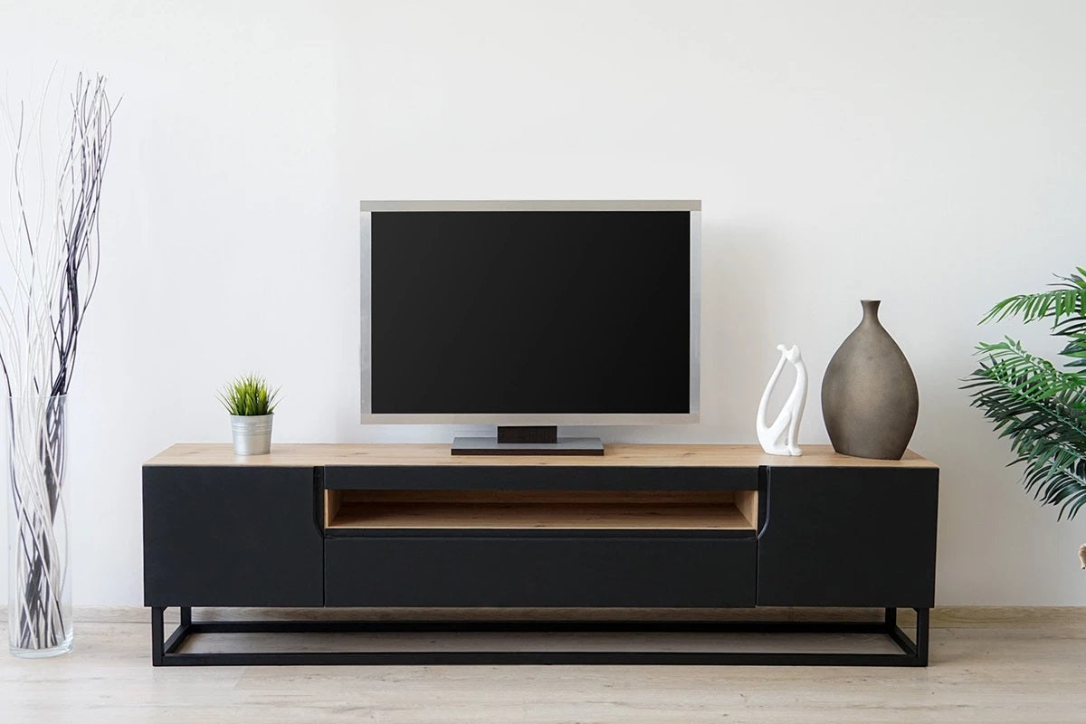 Mobile TV 2 ante 1 cassetto a ribalta in legno laminato con piede in metallo Loftia 200x37 cm