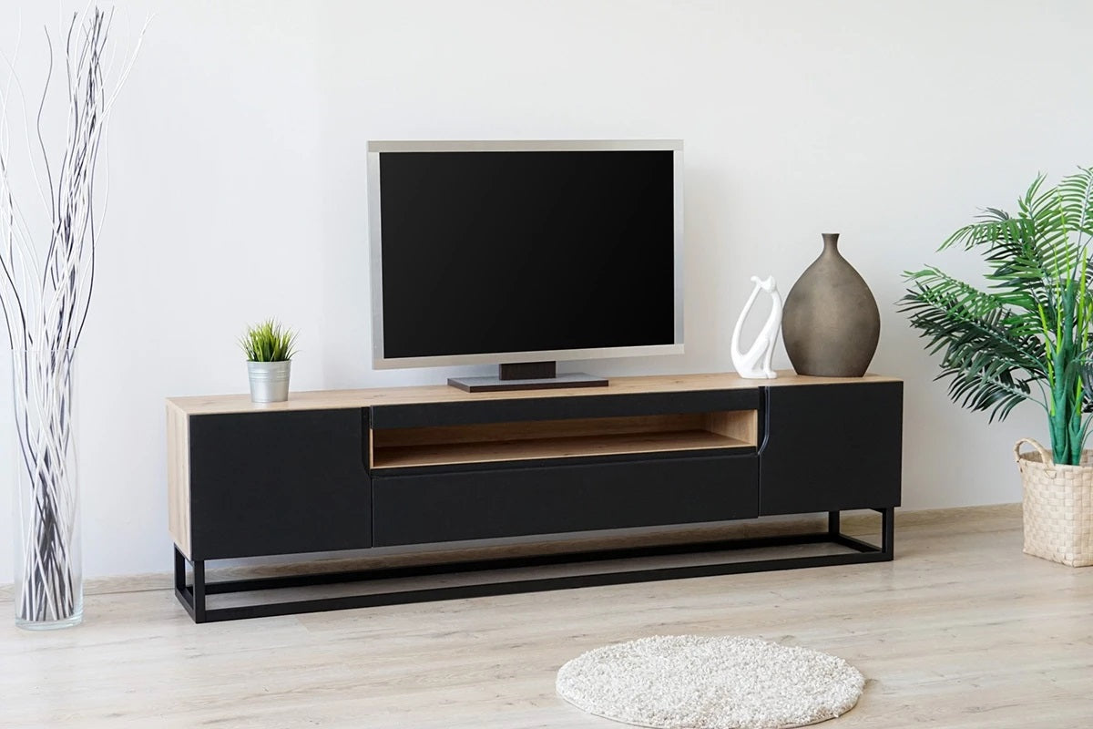 Mobile TV 2 ante 1 cassetto a ribalta in legno laminato con piede in metallo Loftia 200x37 cm