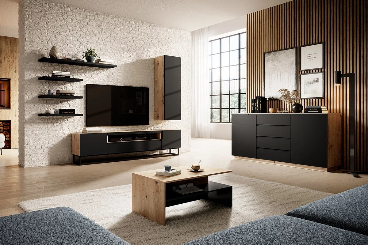 Mobile TV 2 ante 1 cassetto a ribalta in legno laminato con piede in metallo Loftia 200x37 cm