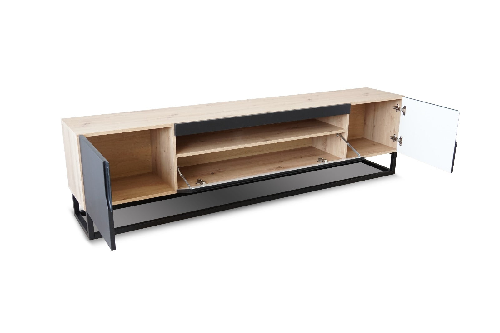 Mobile TV 2 ante 1 cassetto a ribalta in legno laminato con piede in metallo Loftia 200x37 cm
